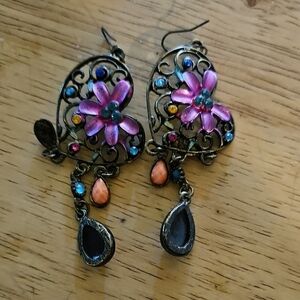 Floral Pink and Blue Dangle Earrings
